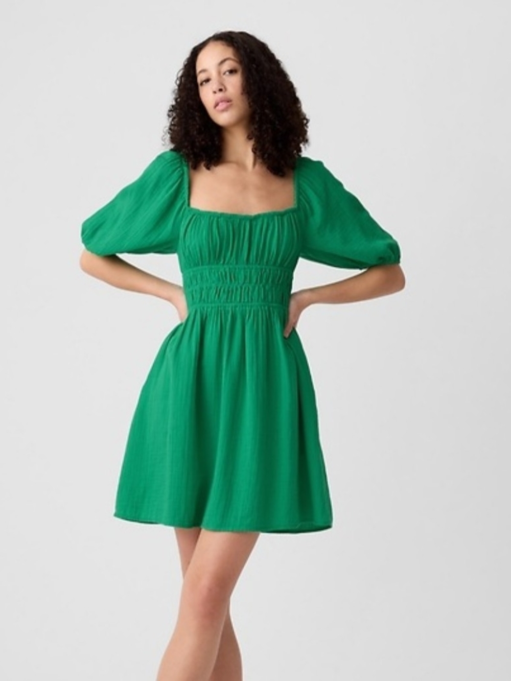Green Square-Neck Puff Sleeve Dress